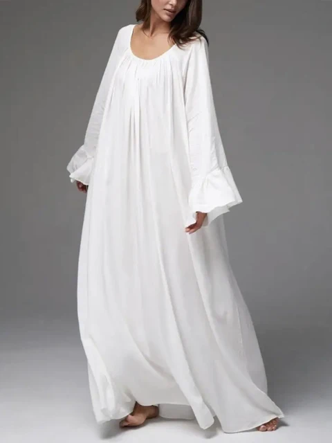 Mumaroho 2025 Women Autumn Winter Homewear Solid White Sleepwear Nightgown Pajama Nightdress Long Sleeve Loose Sleep Dress