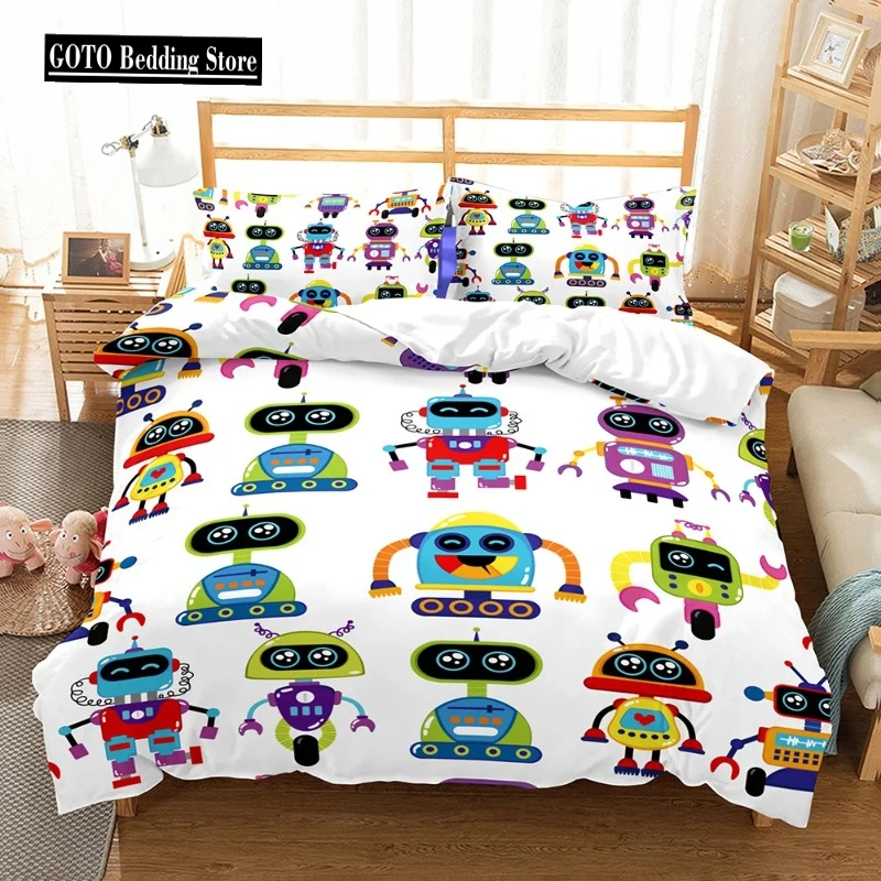 

Cartoon Robot Quilt Cover +pillowcases Kids Bedroom Duvet Cover Sets Twin Full Queen Comforter Cover Fairy Tale World Sky Color