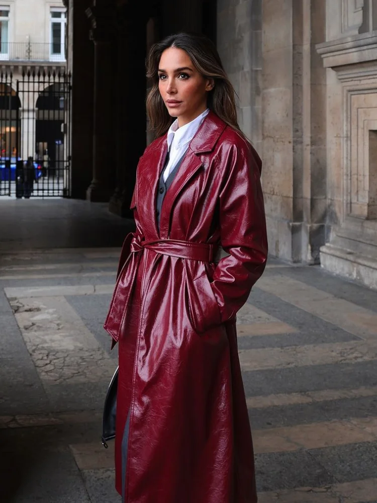 2024 Chic Burgundy Patent Leather Overcoat With Belt Women Fashion Lapel Pockets Loose Cardigan Jacket Female High Streetwear