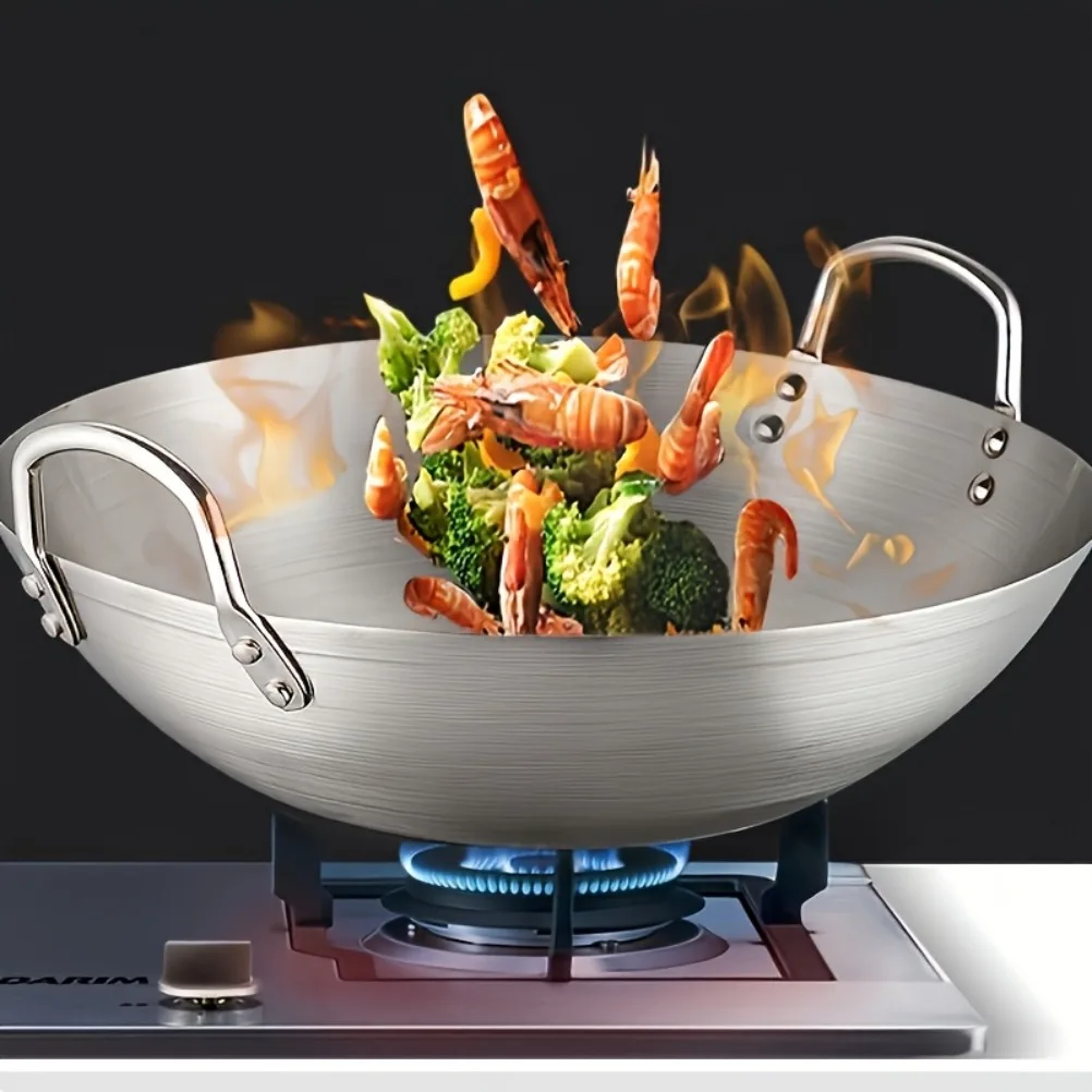 

Stainless Steel Wok with Two Handles Multi Functional Wokes Pans Rust and Scratch Resistant Wokes Pans Kitchens Accessories