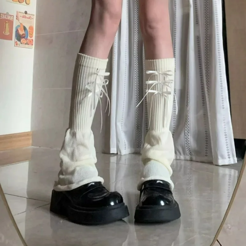 

Kawai гетры с лентой и бантом, женские расклешенные вязаные длинные чулки в стиле Лолиты, трехслойные гольфы с лентой и бантом, гольфы с ворсом