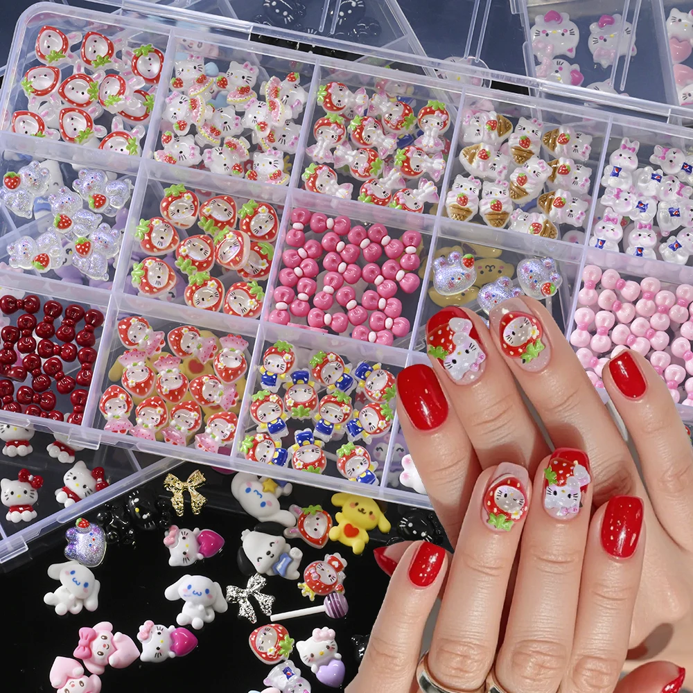 

15 сеток/коробка, подвески для дизайна ногтей Hello Kitty, клубничный кролик, украшения для ногтей с бантом Hello Kitty, смола, котенок, Y2K, подвеска для маникюра