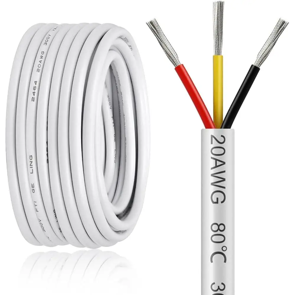 100FT 20AWG 3 Conductor Electrical Wire Low Voltage Oxygen Free Stranded Tinned Copper Cable Flexible Insulated PVC LED Solar