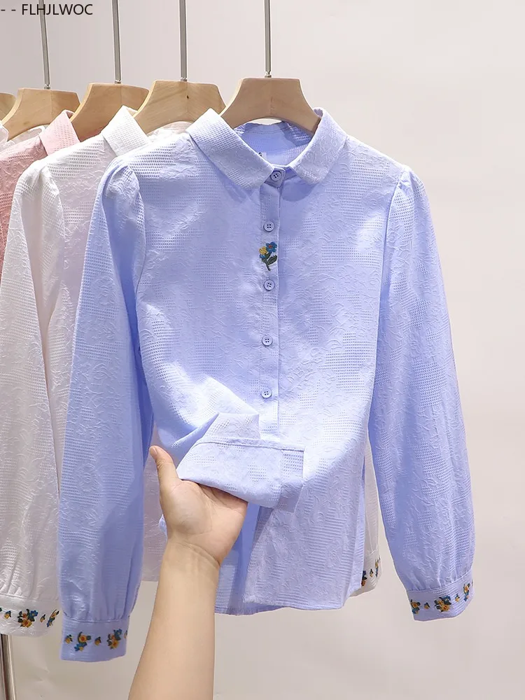 Blusas bordadas de algodão, blusas fofas para meninas, estilo preppy, retrô, vintage, gola peter pan, sólido, azul, rosa, branco, camisas básicas