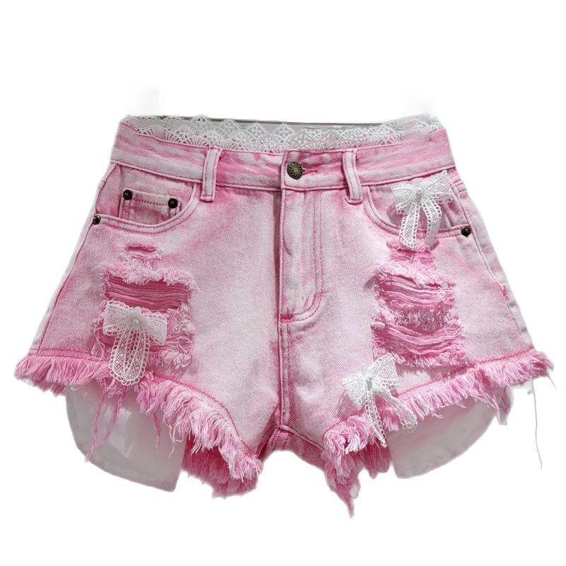 

WTHT Trendy Women's Spliced Lace Bows Hole Denim Shorts 2025 Summer Fashion New High Waist Plush Edge Short Pants Female 1LS1353
