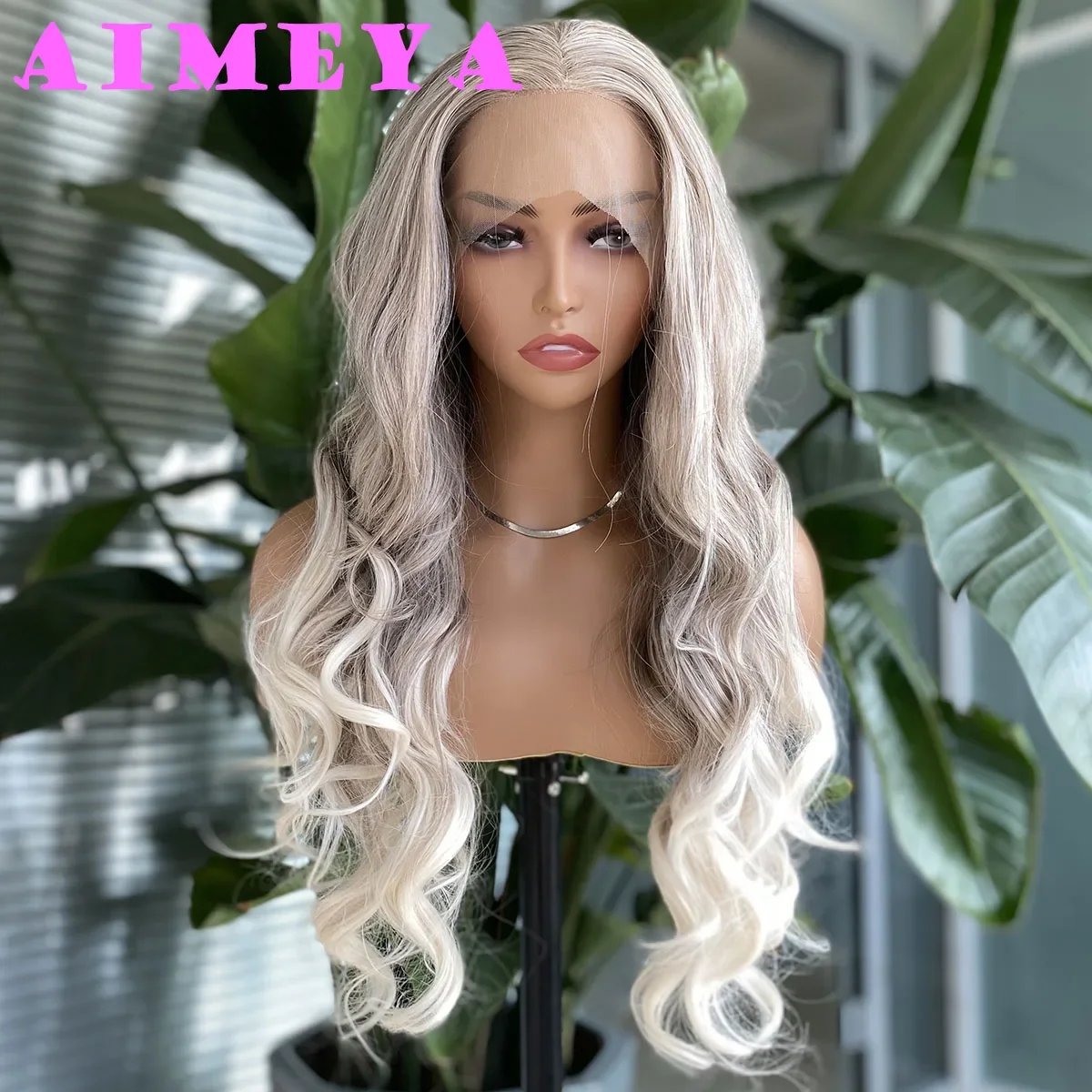 AIMEYA Ombre Platinum Body Wave Blonde Lace Wig Mix Blonde Lace Front Wigs Highlights Natural Looking Synthetic Heat Resistant