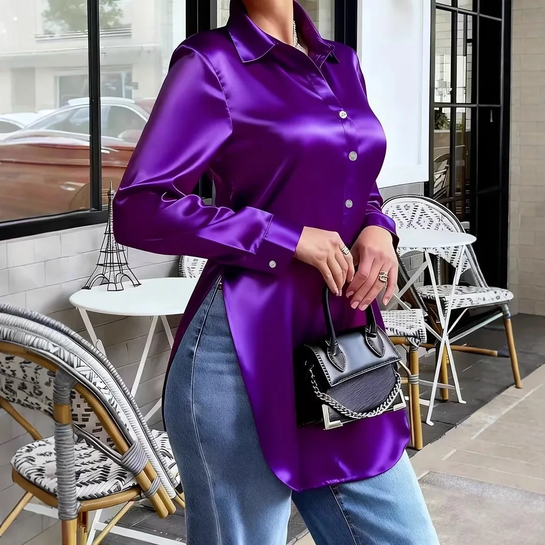 

Spring Slimming and Slimming Irregular Hem Long Sleeved Satin Shirt for Women
