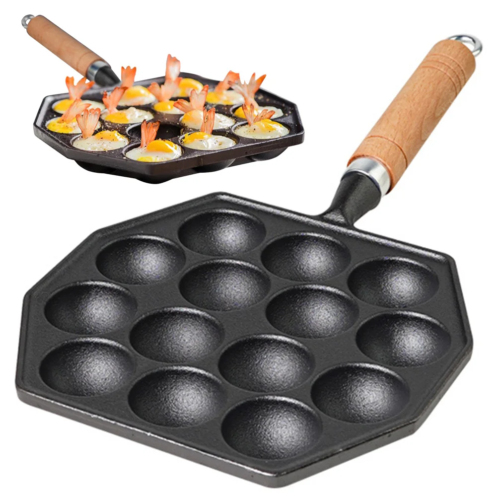 

Чугунная сковорода-гриль такояки с 14 отверстиями, сковорода для приготовления такояки с масляной кистью и вилкой, форма для мясных шариков в виде осьминога для шариков осьминога