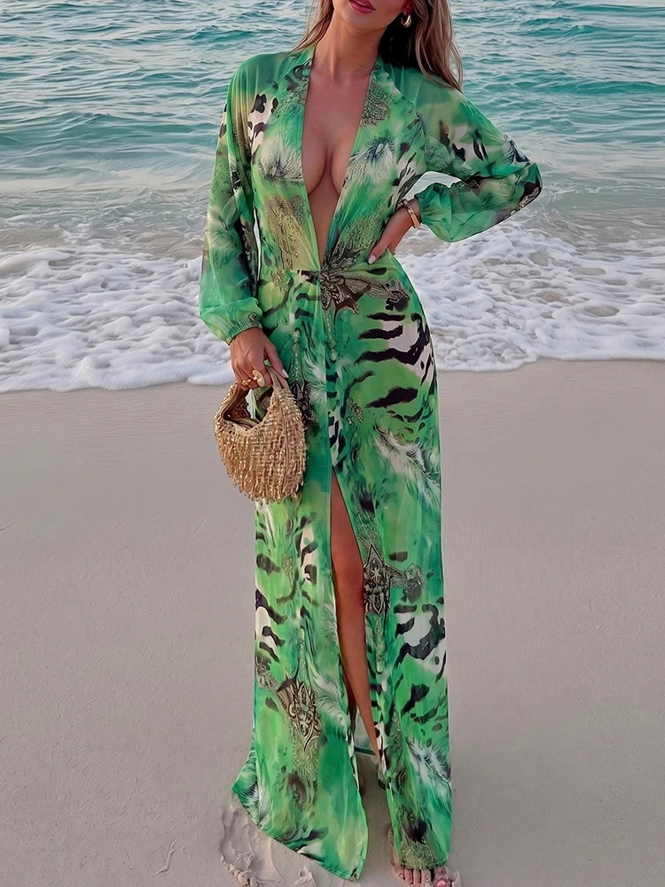 Nibber Lanterne Manches Tigre Stripe Imprimer Longue Robe Femme Automne Tendance Profonde V-Cou Sexy Dos Nu Fête De Plage Élégant Robes