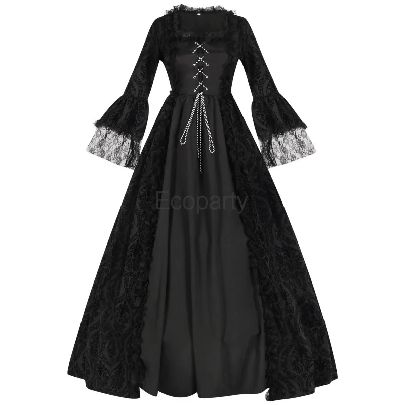 Women Medieval Victorian Retro Princess Costume Black Victorian Renaissance Lace Flared Sleeves Ball Gown Halloween Gothic Dress