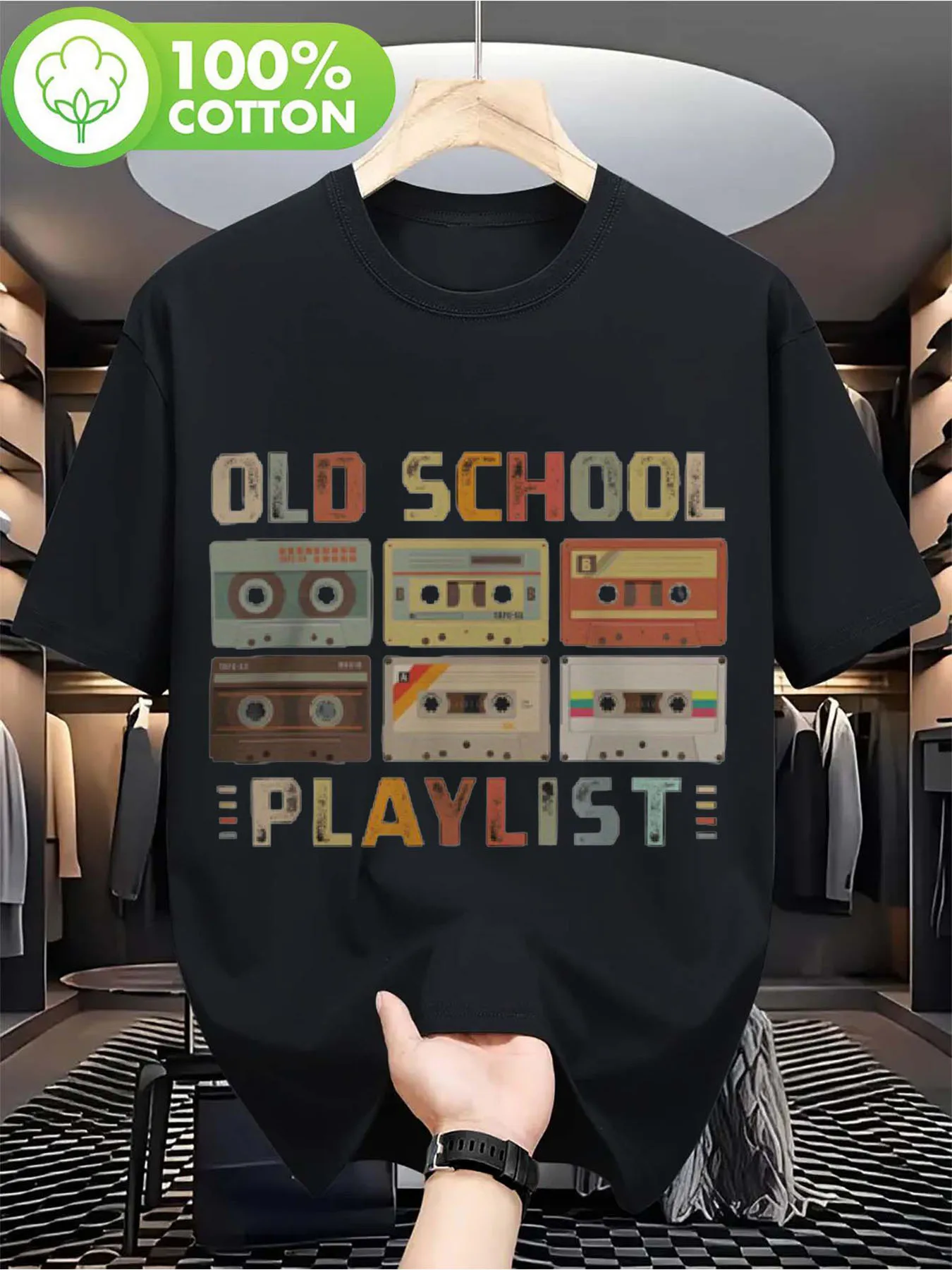 

80s Retro Cassette Music Vintage Playlist Graphic T-Shirt 100% Thick, Machine Washable, Unisex Black, Crew Neck, Slight Stretch