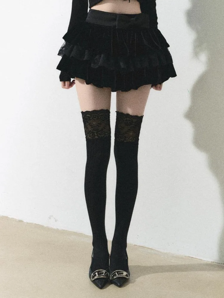 أنيقة الحلو القوس Hite تنورة دانتيل للنساء Y2k عالية الخصر Faldas Mujer موضة كل مباراة Ruched ألف خط كعكة التنانير