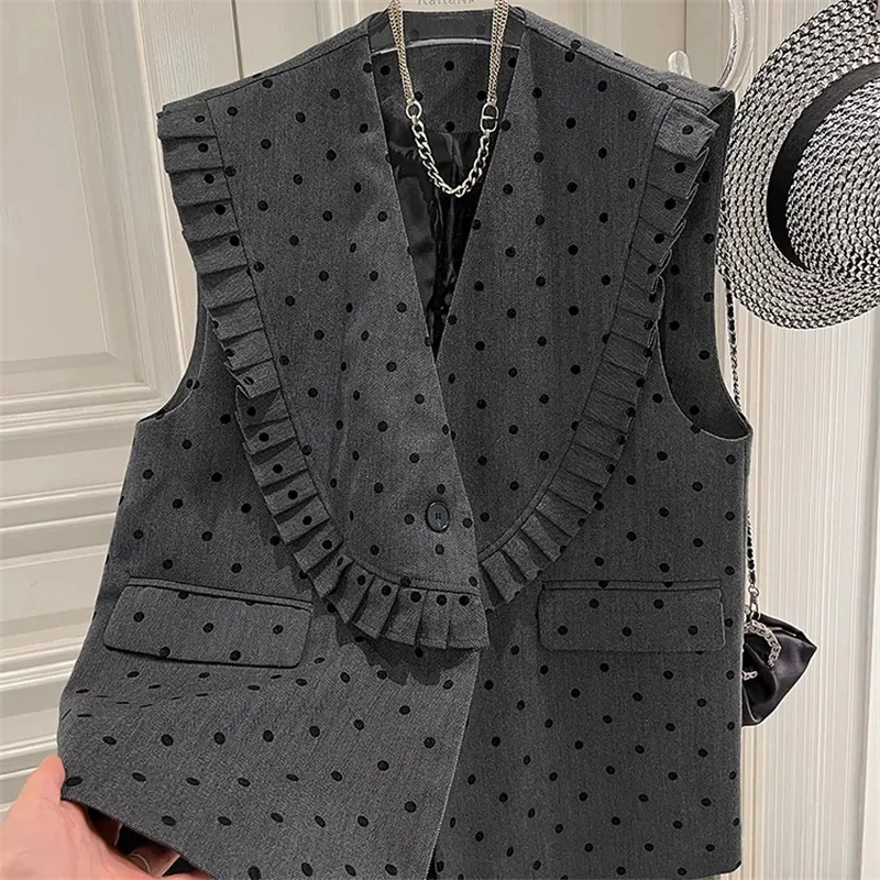 

Женский жилет большого размера, весна-осень 2021, легкий французский возрастной плиссированный жилет без рукавов в горошек, женские куртки