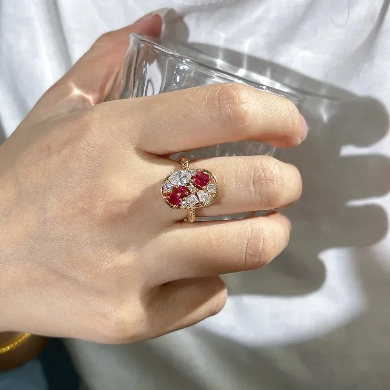 Light luxury irregular inlay double color white red gems  rings for women High quality hollow out oval Twists ring fien jewelry
