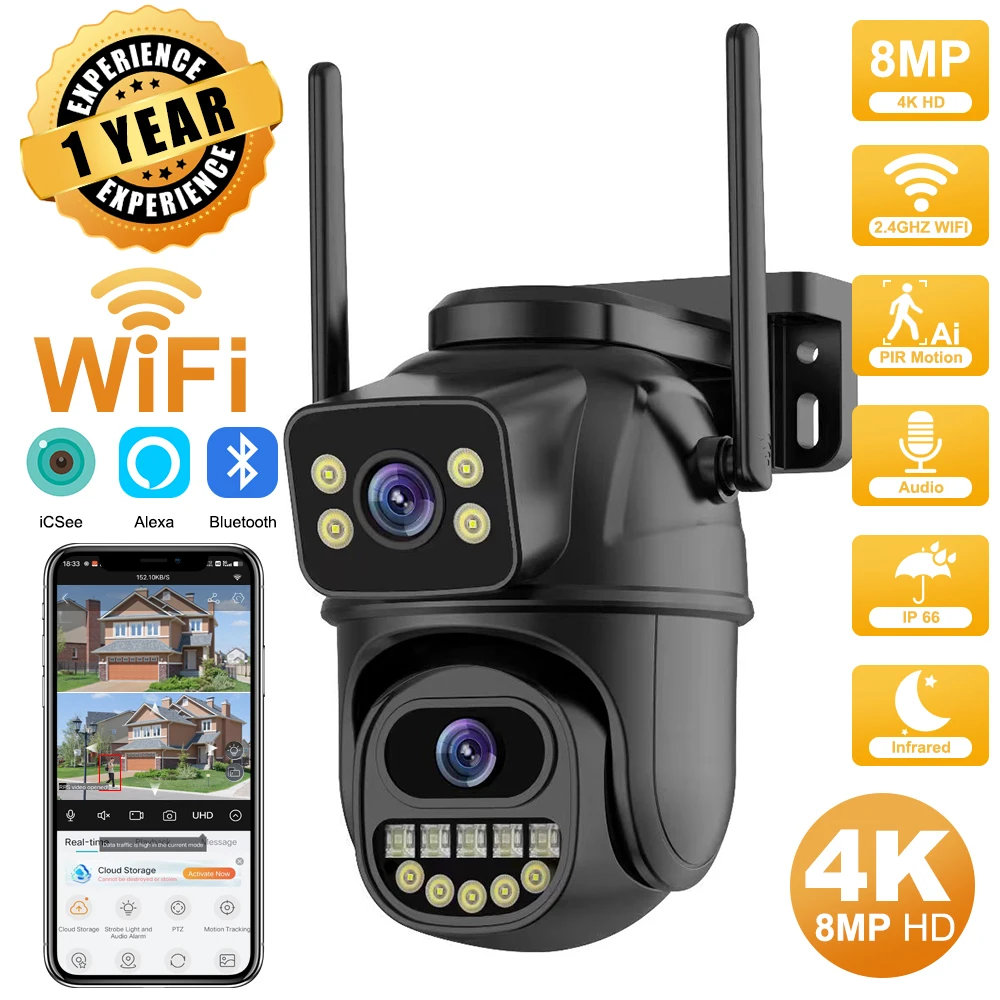 Cámara PTZ 4K 8MP HD Wifi para exteriores 4MP lente Dual pantalla AI seguimiento automático cámara IP CCTV Audio Video vigilancia P2P iCSee