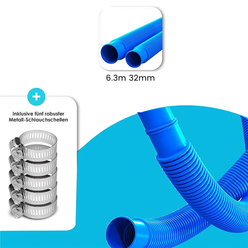 6.3M Swimming Pool Hose Diameter 32 Mm with Hose Clamp ,Swimming Replacement Pipe Pool Cleaner Tool,Blue