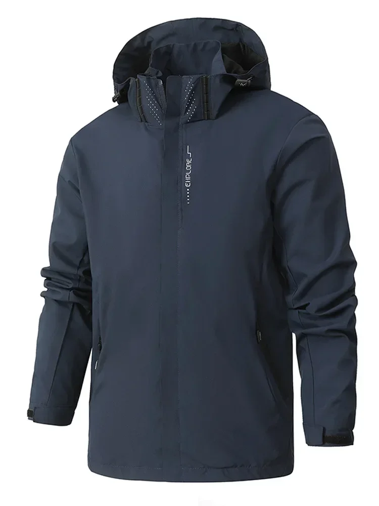 Men's lightweight windproof and waterproof jacket, zipper long sleeved hooded jacket, solid color, outdoor hiking