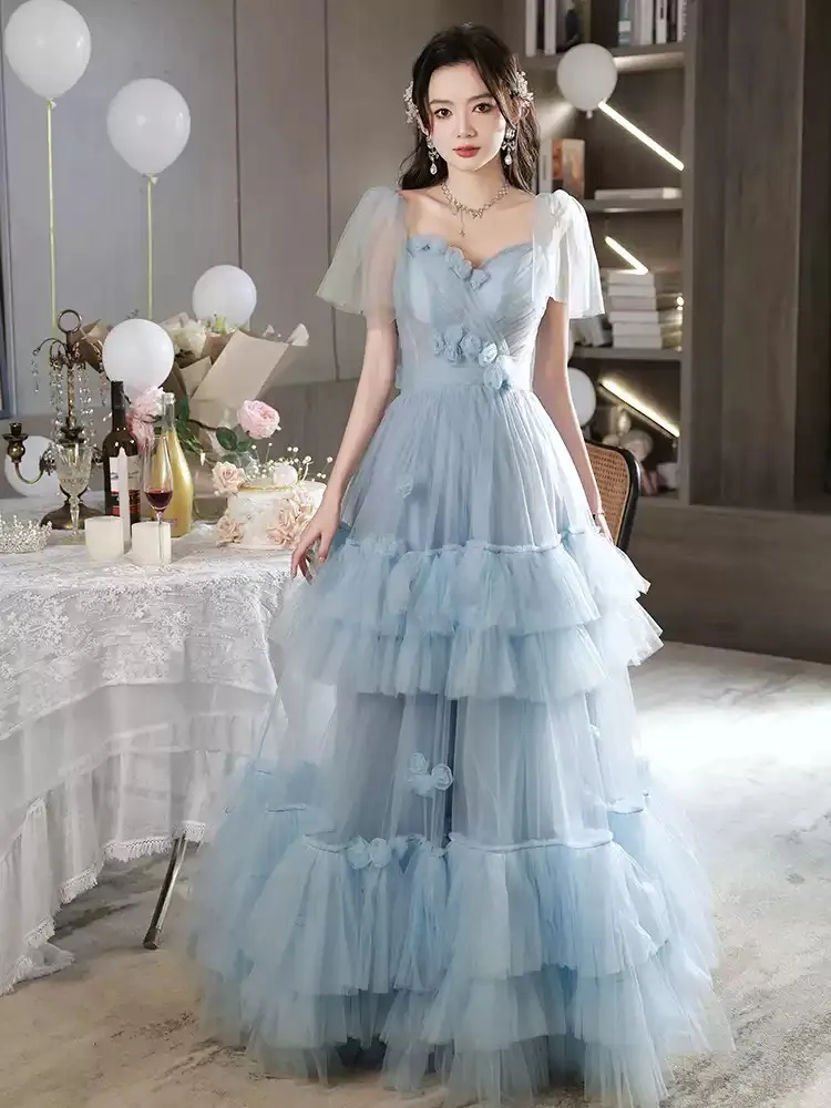 2025 Vestido de noche azul Capas Vestidos de fiesta de tul Capas Plisados de tul Vestidos de fiesta de verano Con cordones en la espalda