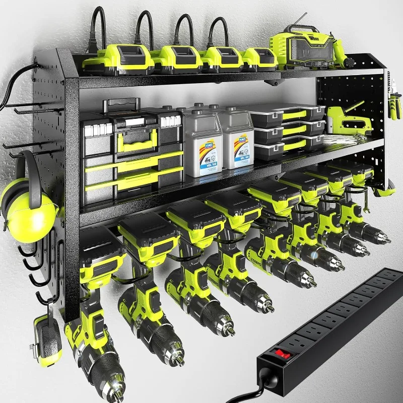 

Power Tool Organizer with Charging Station, Built in 8 Outlet Power Strip,Large 8 Drill Holder Wall Mount, Heavy Duty Me