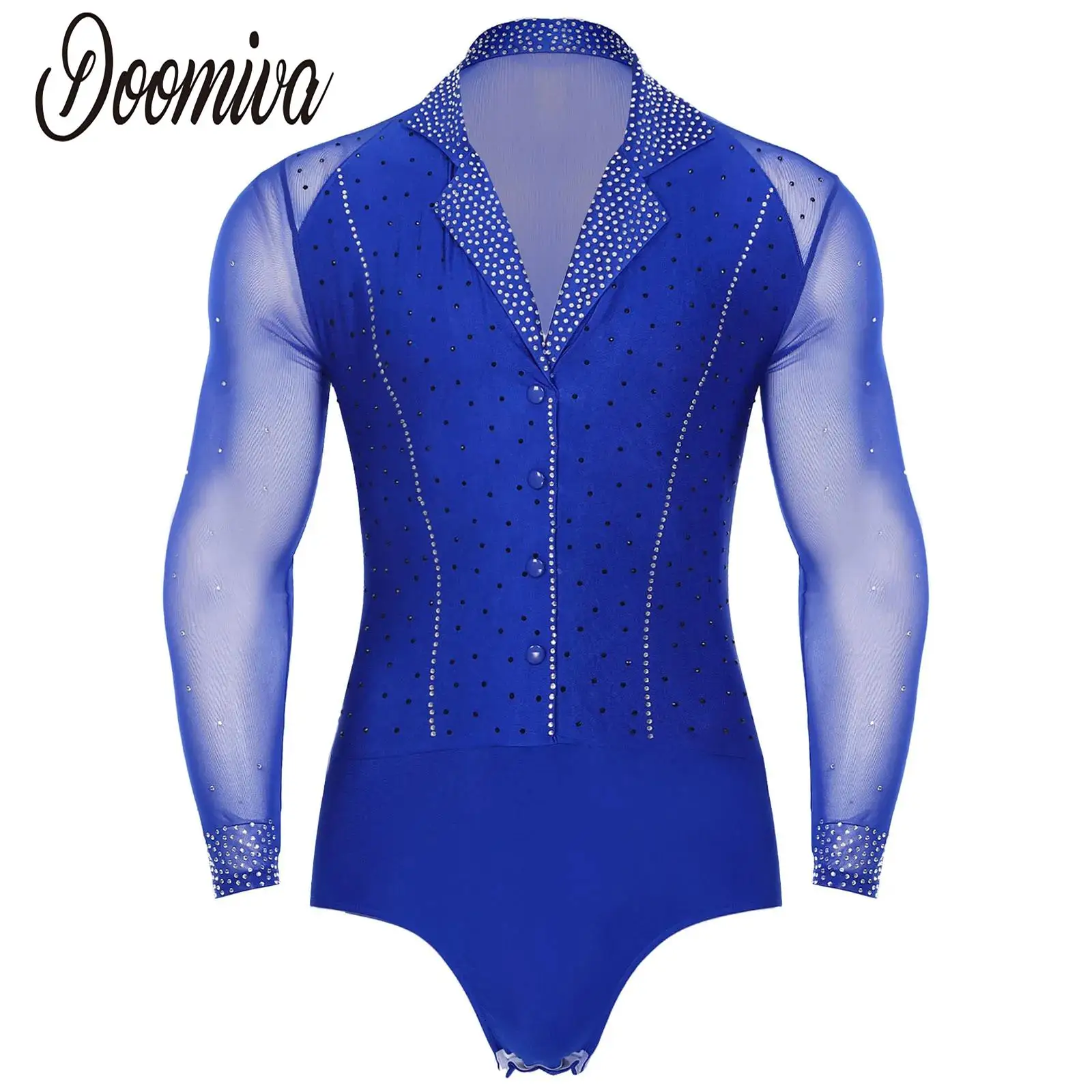 

Men Dance Performance Costume Bodysuit Shirts for Latin Jazz Ballet Tango Salsa Dance Dresses Gymnastic Mesh Long Sleeve Leotard