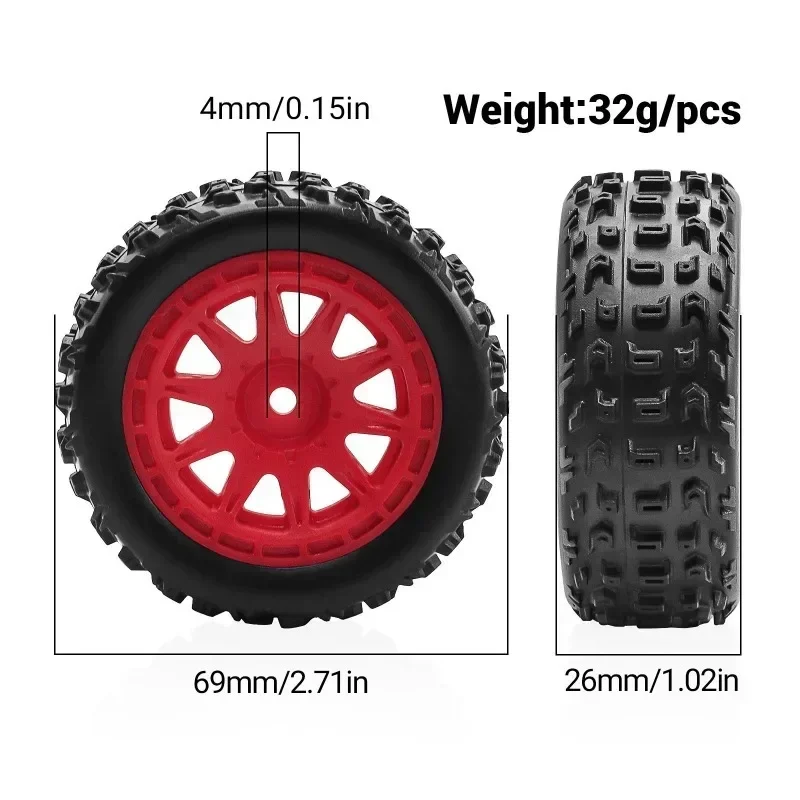 Pneu en caoutchouc hexagonal de 69mm, 4 pièces, 12mm, pour Arrma 1/18 2S Typhon Grom RC, pièces de mise à niveau de voiture, accessoires