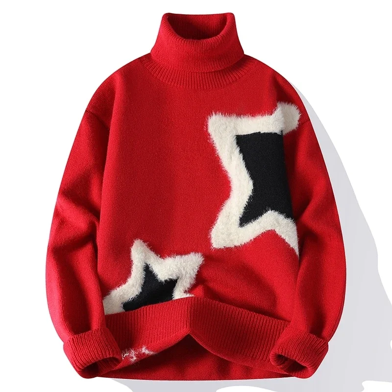 Winter New Fashion Color Matching Sweater for Men Harajuku Turtleneck Trend Star Printing Soft Warm Knitwear