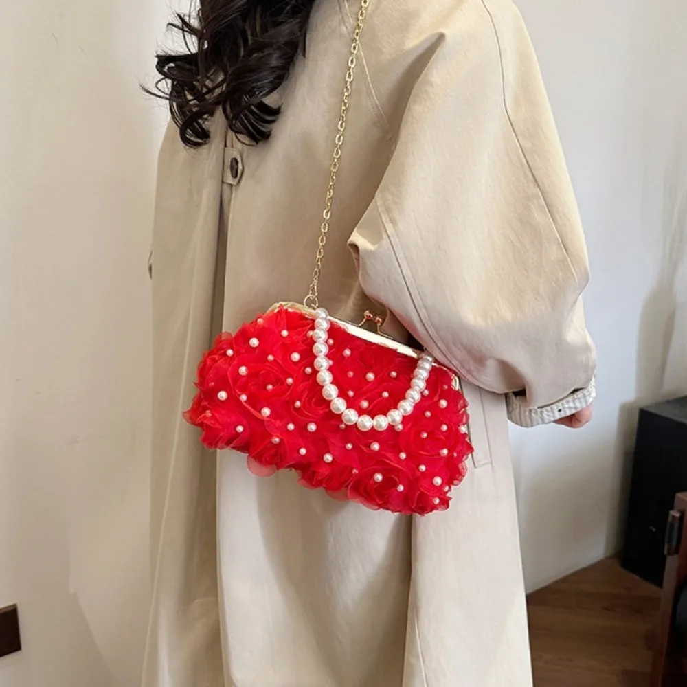 ローズフラワーイブニングバンケットバッグメタルチェーンパールパールチェーンハンドバッグエレガントな小さなクラッチハンドバッグクロスボディショルダーバッグ