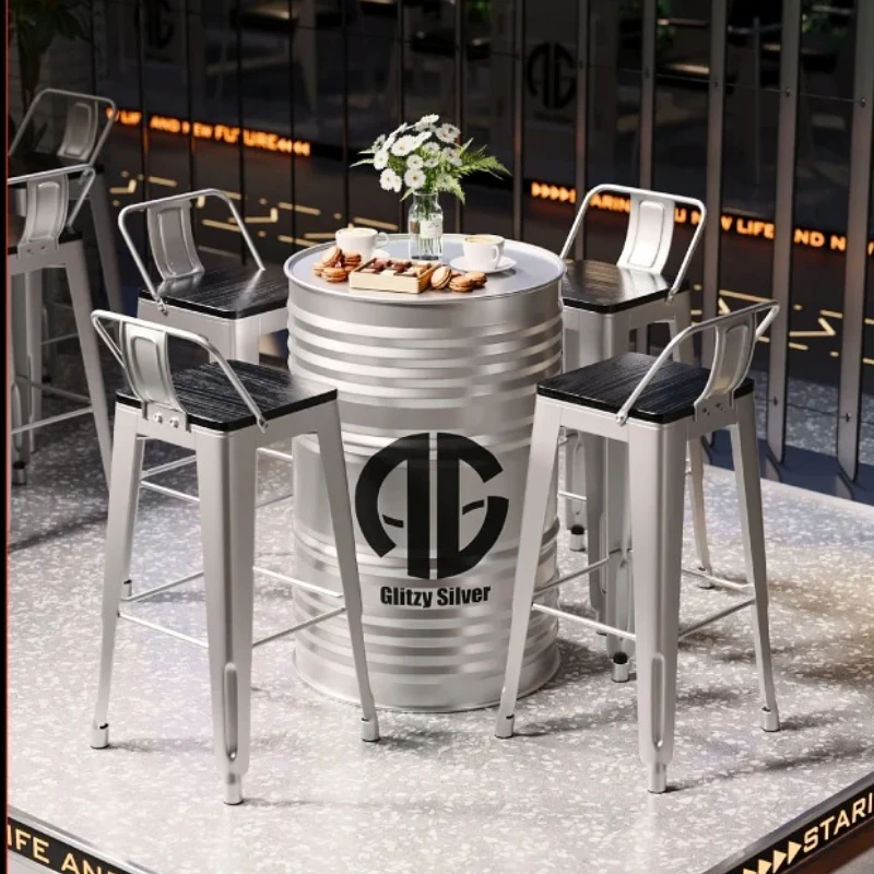 ‌Industrial Bar Table Set | Metal Stool with Oil Drum Base for Cafe & Pub - Rustic Iron Bistro Counter Height Chairs