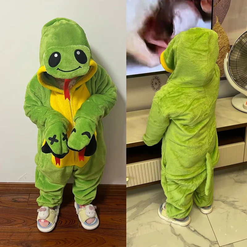 Zipper Onesies Kids Anime Cosplay Animal Costume Snake Green Outfit Funny Cute Halloween Festival Party Jumpsuit Flannel Warm