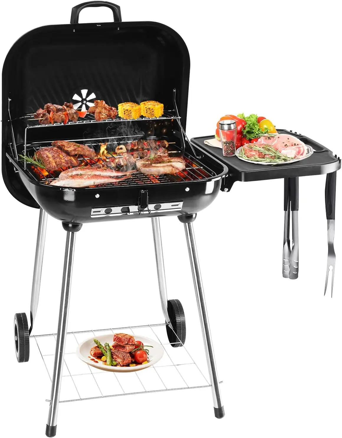 

28 Inch Charcoal BBQ Smoker Grill, Portable Grill Cooker with Wheels and Foldable Side Shelf, Large BBQ Smoker for Outdoor Backy