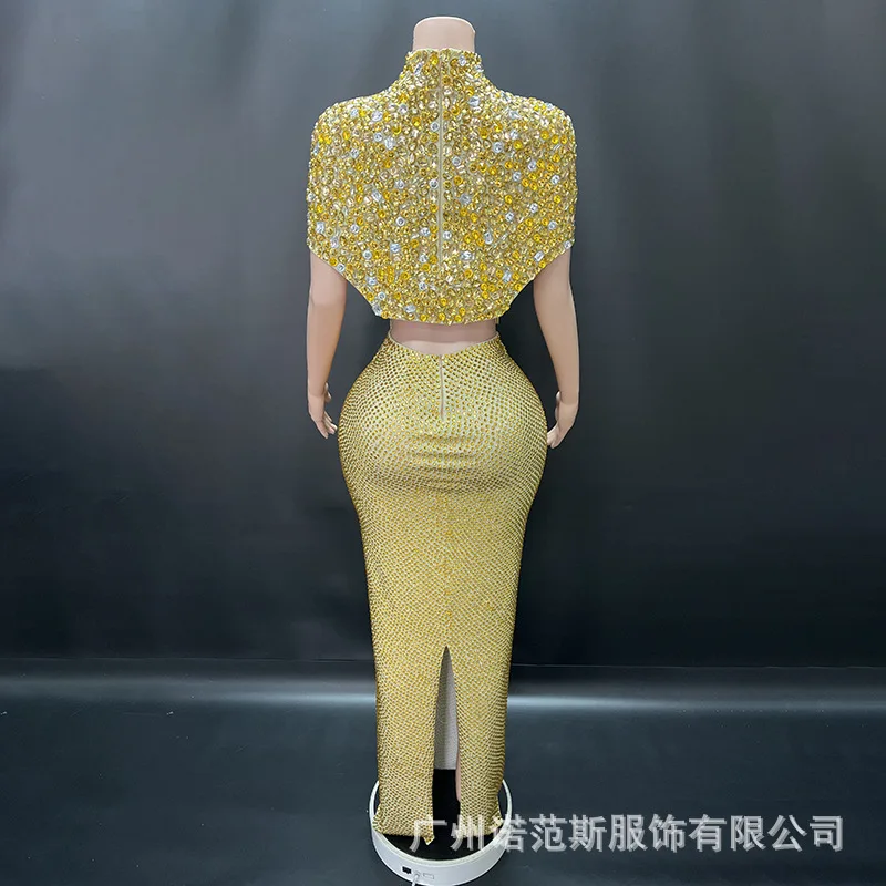 الفاخرة الساطع الذهبي حجر الراين مزاجه سبليت قطعتين الزفاف نخب الملابس المشاهير عيد ميلاد الراقية اللباس