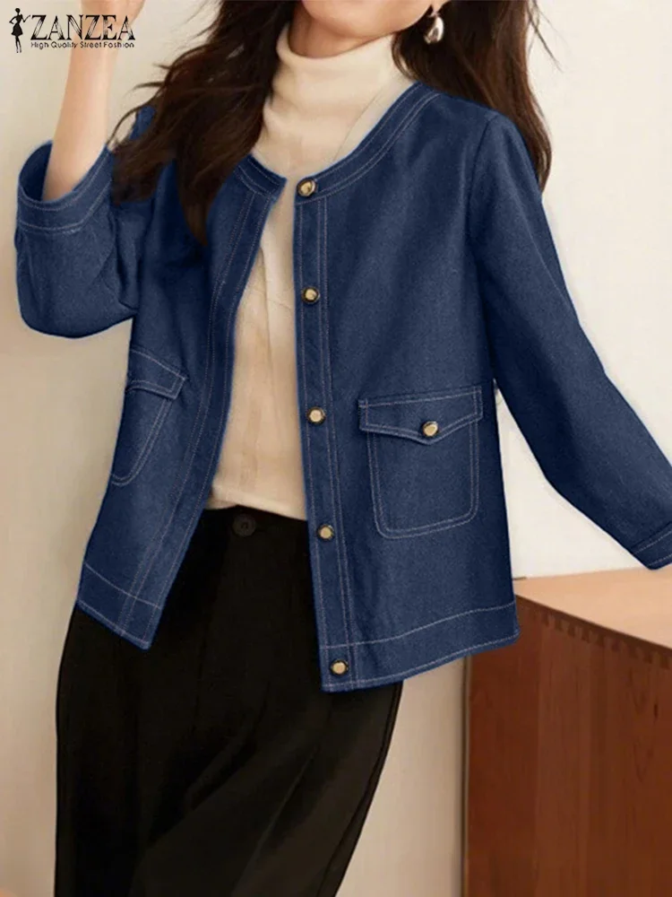 

2025 ZANZEA Autumn Elegant Coats Women Fashion Jackets Long Sleeve Single Breasted Solid Pockets Outerwear Vintage Denim Coats