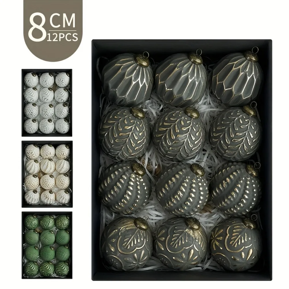 12 pieces of retro-style Christmas ball set decoration, 8cm gold, green, gold and black retro farm-style pendant, especially sui