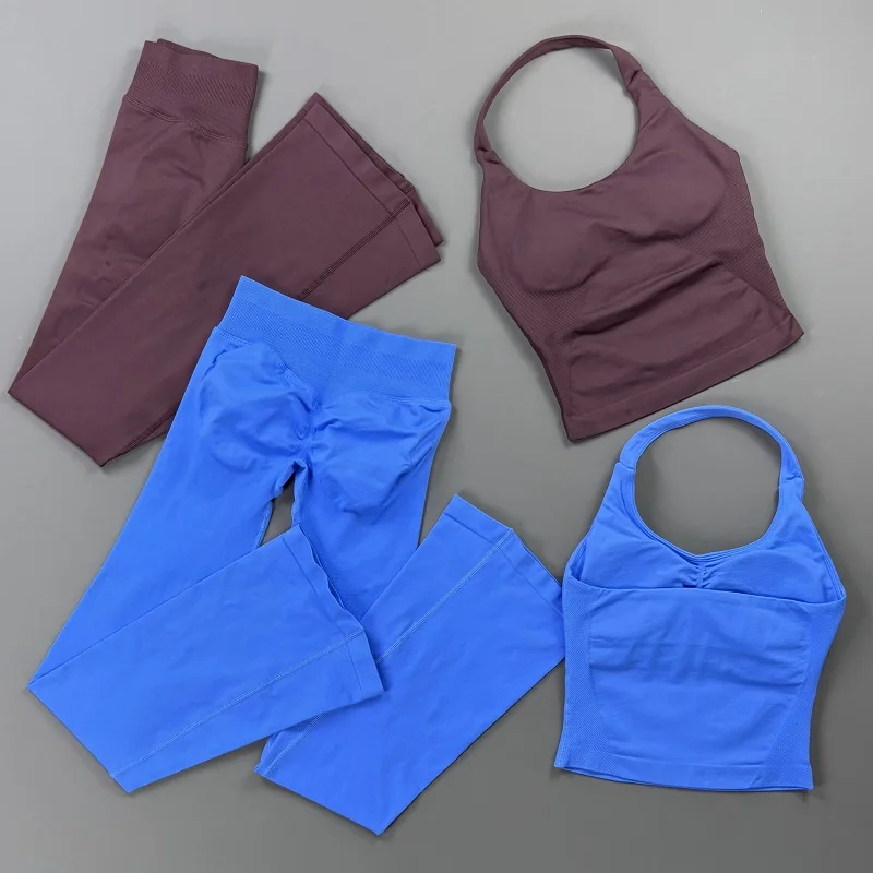 2 Pieces Workout Set Women Seamless Gym Halter Tank Top Hip Lift Fitness Flares Leggings Yoga Sets Running Workout Sportswear