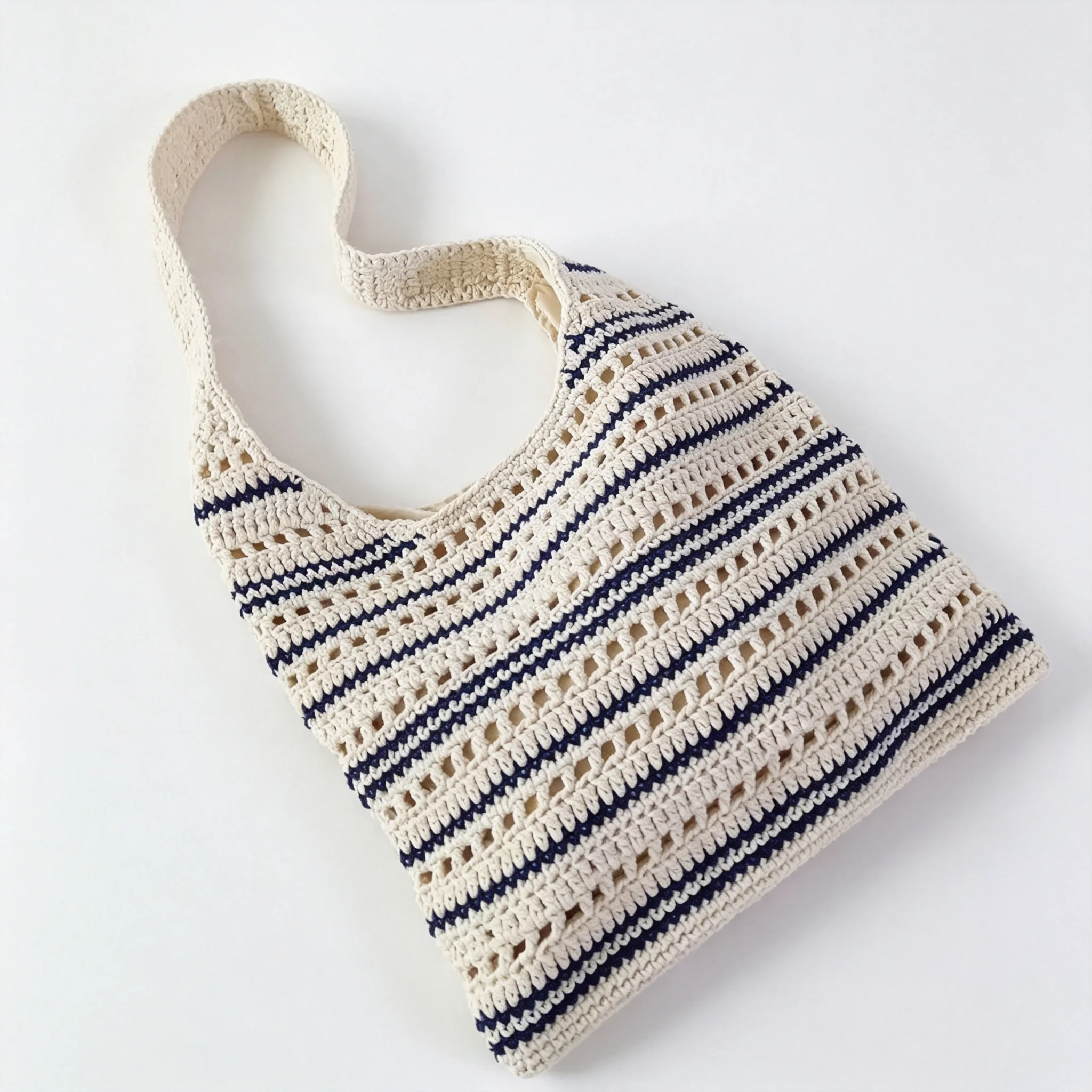 Beige Blue Coffee Brown Striped Crochet Cotton Shoulder Bag Hollow Weave Tote Hobo Bag Handwoven Boho Casual Crossbody For Girls