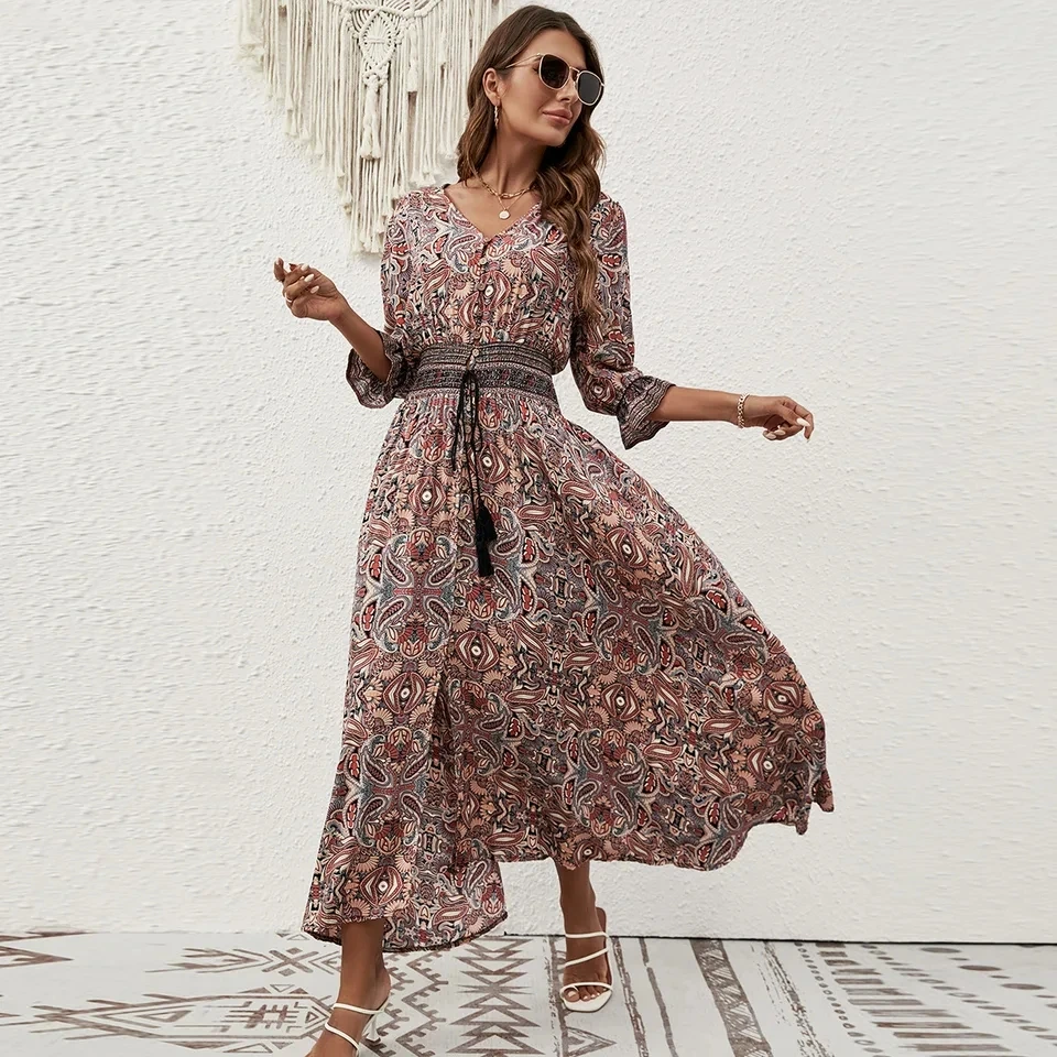 

2026 V-neck Belted Bohemian Print Fashionable Slit Long Dress Women's Beach Vacation Style Versatile Spring And Summer New Dress