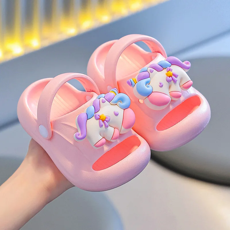 

New Arrival Pony Pattern Kids Summer Slippers, Non-Slip Soft Sole Slides for Outdoor & Bathroom Use, Indoor Household Sandals fo