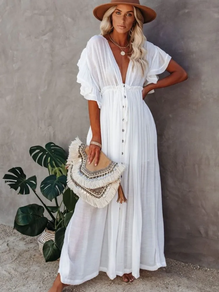 

Накидки для женщин, однотонное кимоно с v-образным вырезом, пляжные платья, бикини, длинная белая туника, элегантная женская одежда, пляжная одежда, купальный костюм