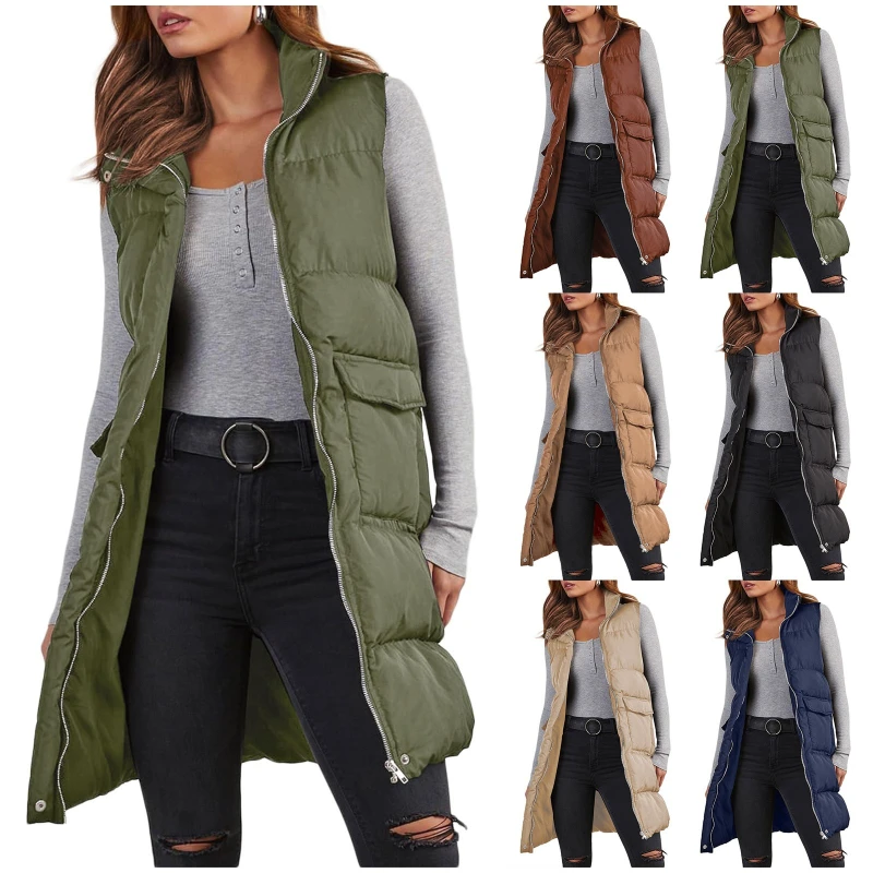 

Женский легкий длинный пуховый жилет с капюшоном, стеганое пальто без рукавов для тепла, зимняя уличная модная куртка