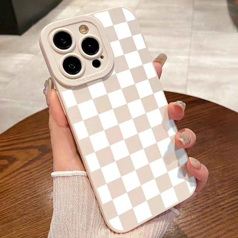 Matte Milky White Checkerboard Pattern Phone Case For Samsung Galaxy S26 S25 Ultra S24 Plus S23 FE S22 A16 A36 A56 A55 A54 Cover