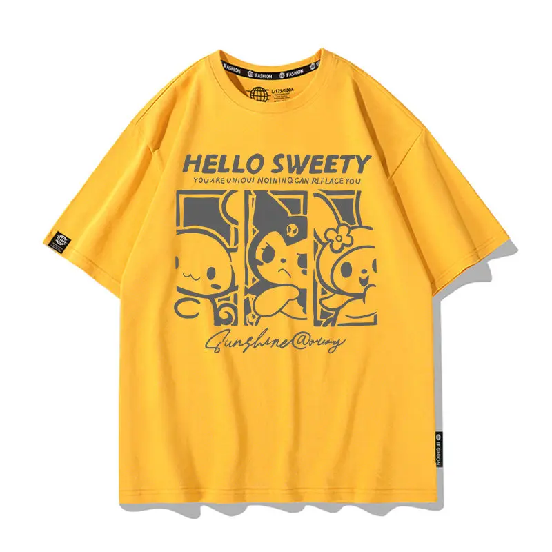 

Летняя свободная детская футболка Sanrio Kuromi Co, брендированная, из чистого хлопка, с мультяшным принтом, комплект для родителей и детей, модная брендовая футболка