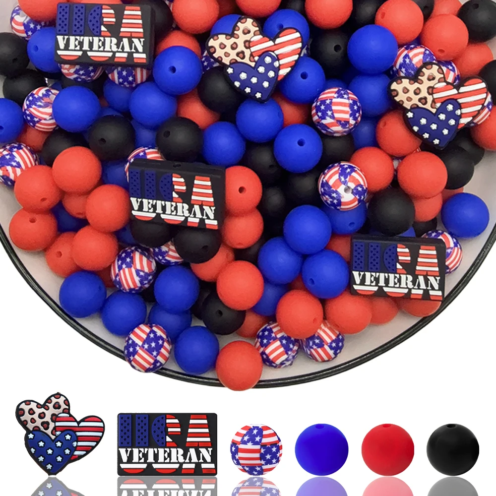 39Pcs Independence Day Series Silicone Beads Set DIY Beaded Necklace Bracelet Decoration Pen Jewelry Pendant Etc. Holiday Birthday Gift