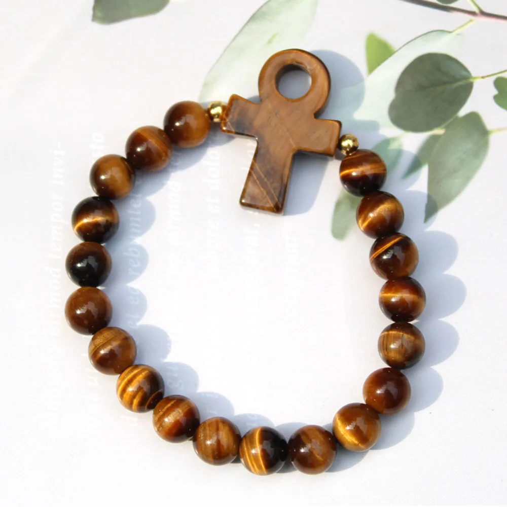 Natural Yelllow Tiger Eye Crystal Ankh Cross Carving Egyptian Key Of Life Ankh Bracelet For Healing Gift