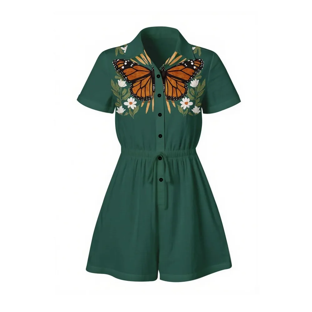 

Boho Gothic Romper for Women Short Sleeve Collared Jumpsuit with Butterfly Skull & Floral Design Summer Festival Outfit Plussize