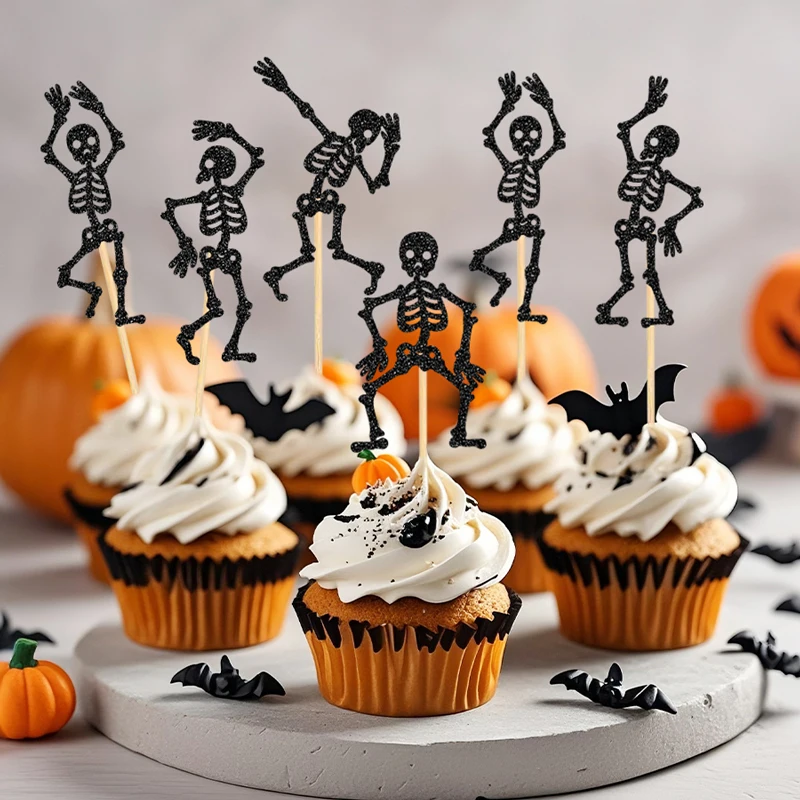 10 Stück/Set Halloween Totenkopf Cupcake-Topper Totenkopf-Tanz Cupcake-Deko Happy Halloween Themen-Geburtstagsparty Cupcake-Dekorationen