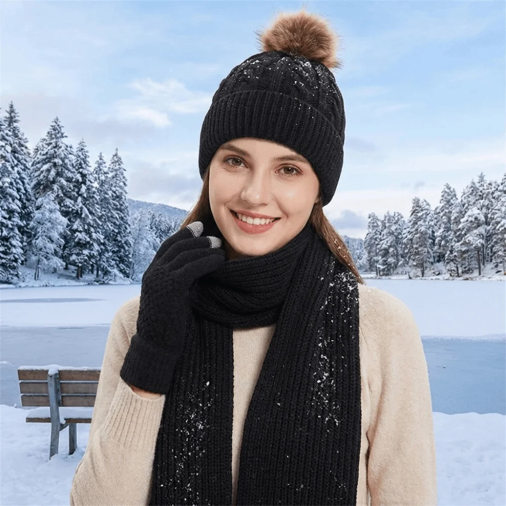 3Pcs/Set Cold Proof Scarf Hat Gloves Set Elastic Warmer Mittens Woolen Hat Solid Color Plush Ball Knitted Scarf Daily