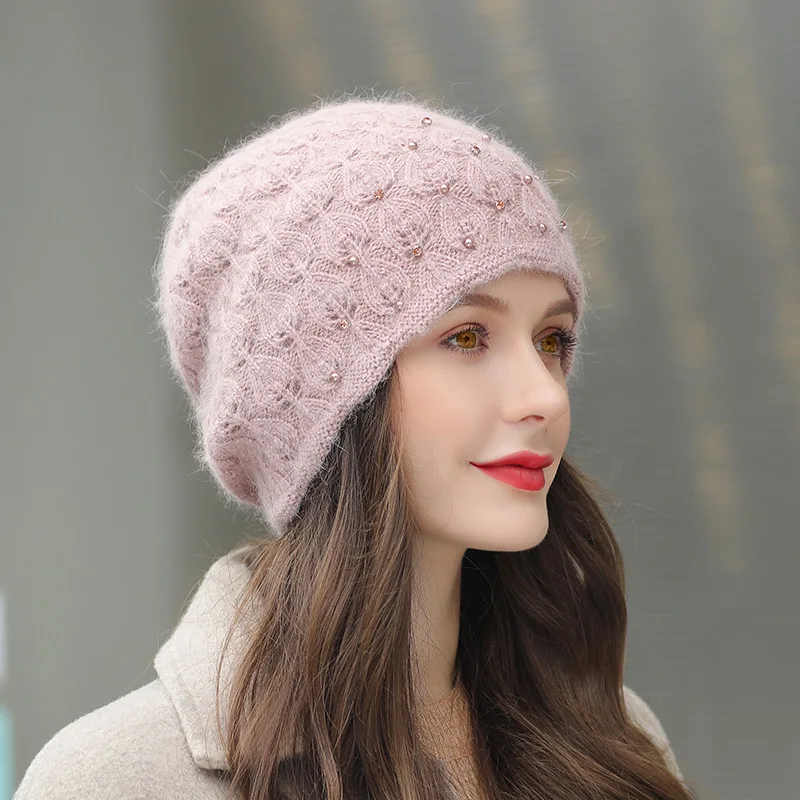 Winter New Skullies Beanie Hat Women Woolen Hats Female Knitted Bonnet Beanies Retro Warm Ear Protection Pearl Pile Caps