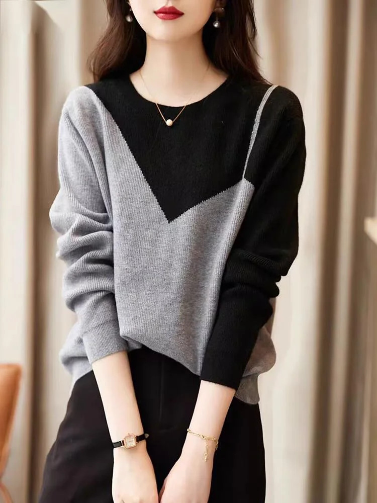 

Fake Two Piece Sweater Women Long Sleeve Loose Patchwork Contrast Color O-neck Pullover Knitwear Top 2023 Autumn New Tide X366