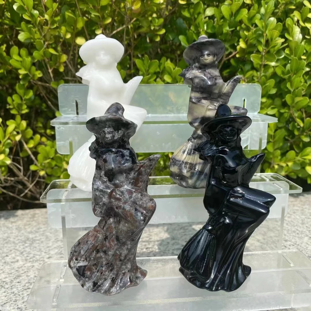 

120mm Natural Stone Carved Wizard Skeleton Statue Healing Crystal Sculpture Halloween Home Decoration Gemstones Crafts Gift