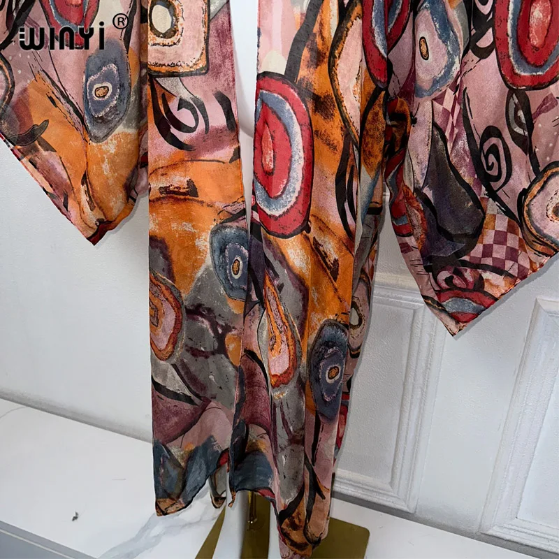 WINYI summer kimono beach wear women 2024 Africa dress bikini cover up Cardigan Graffiti print abayas dubai luxury muslim dress